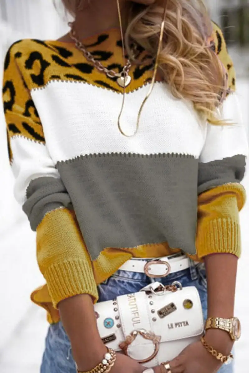 Antonia® | Casual leopard color block contrast O-neck sweaters