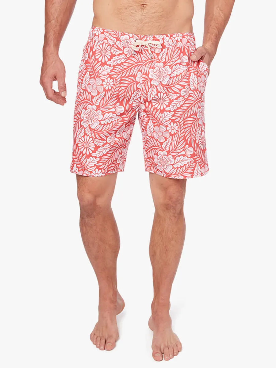 Men's Red Hawaiian Floral Beach Shorts