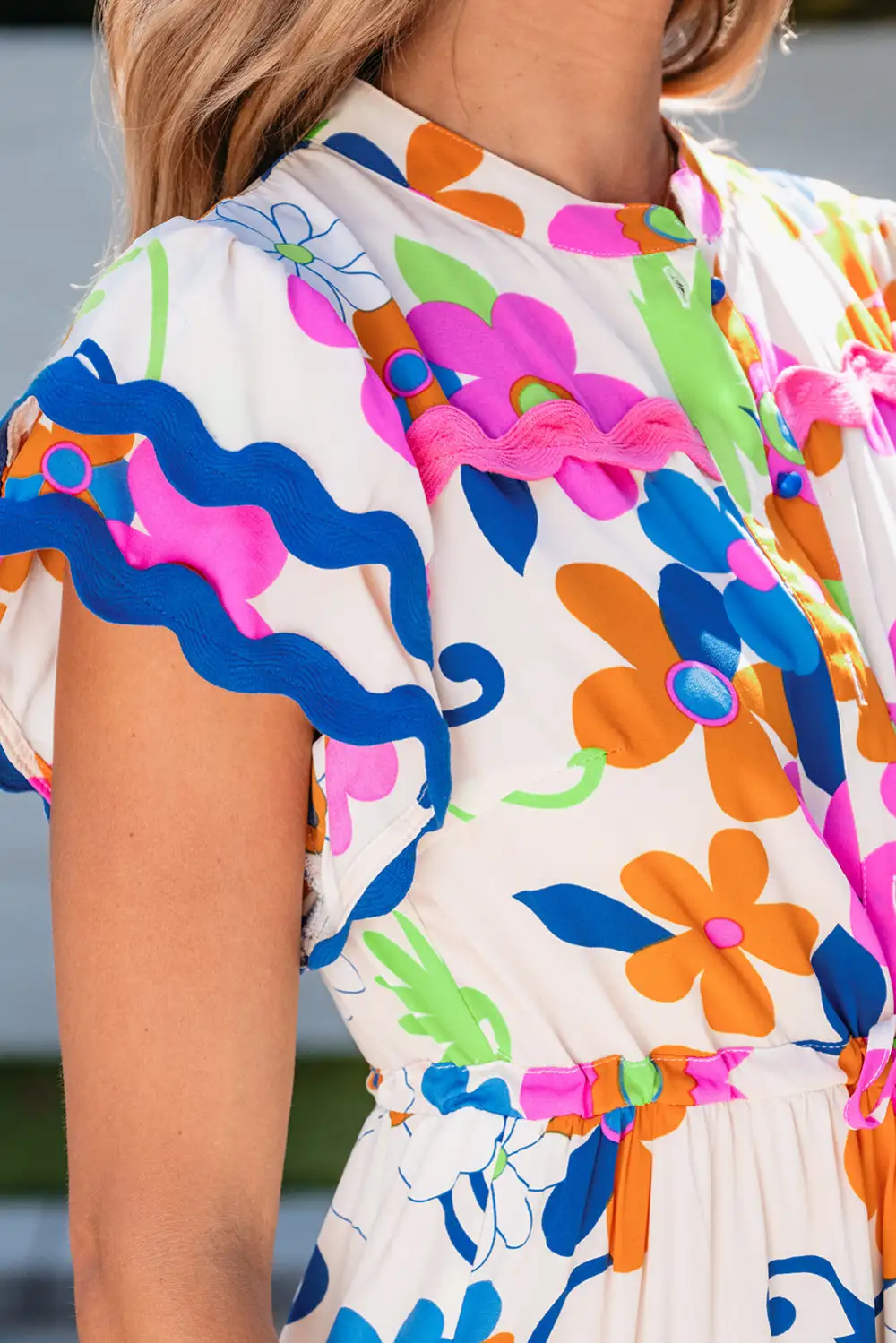 Trim Flutter Sleeve Buttoned Floral Maxi Dress