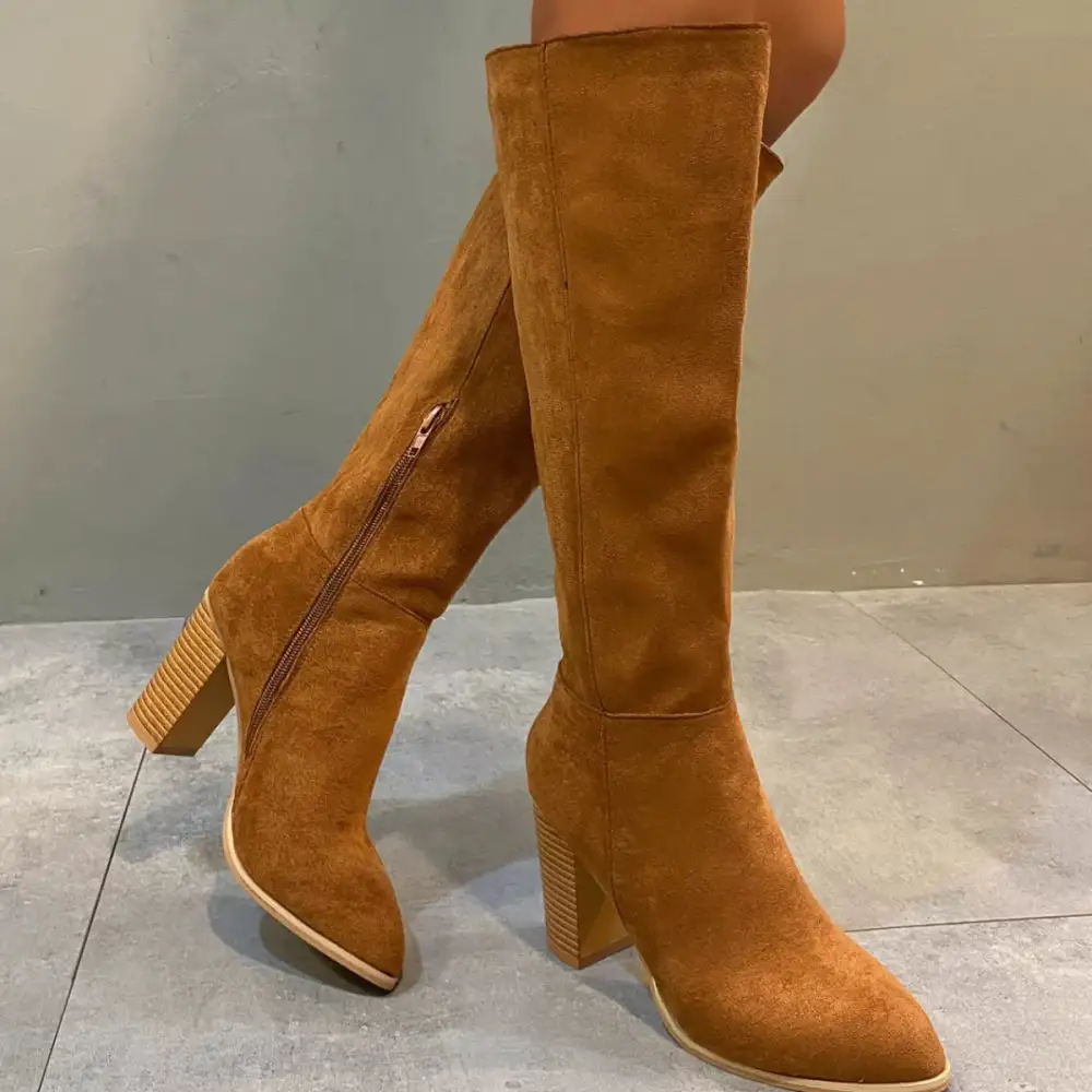 Pointed Toe Knee High Suede Block Heel Boots