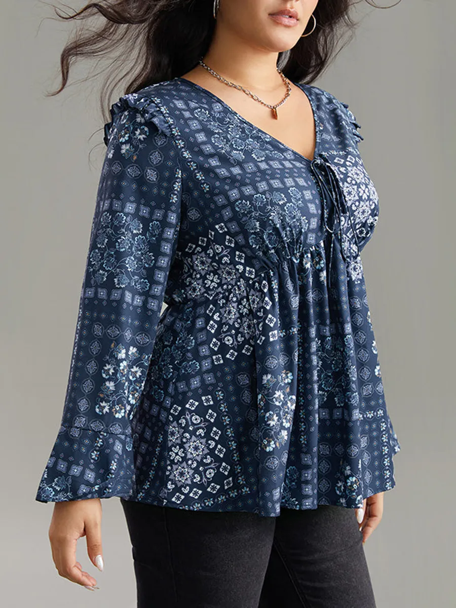 V-neck ruffled patchwork shirt