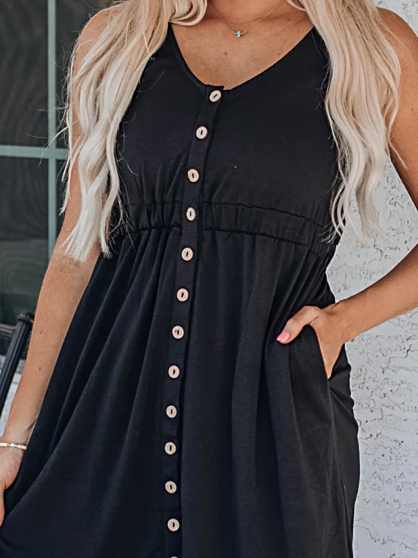 Black Button Front Sleeveless Mini Dress