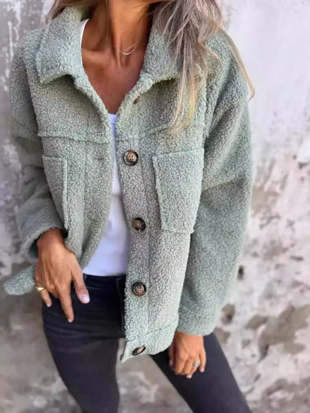 Full Size Single-breasted Sherpa Shacket Plus Size