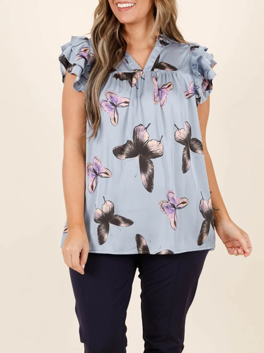 Butterfly printed layered ruffled short sleeved shirt