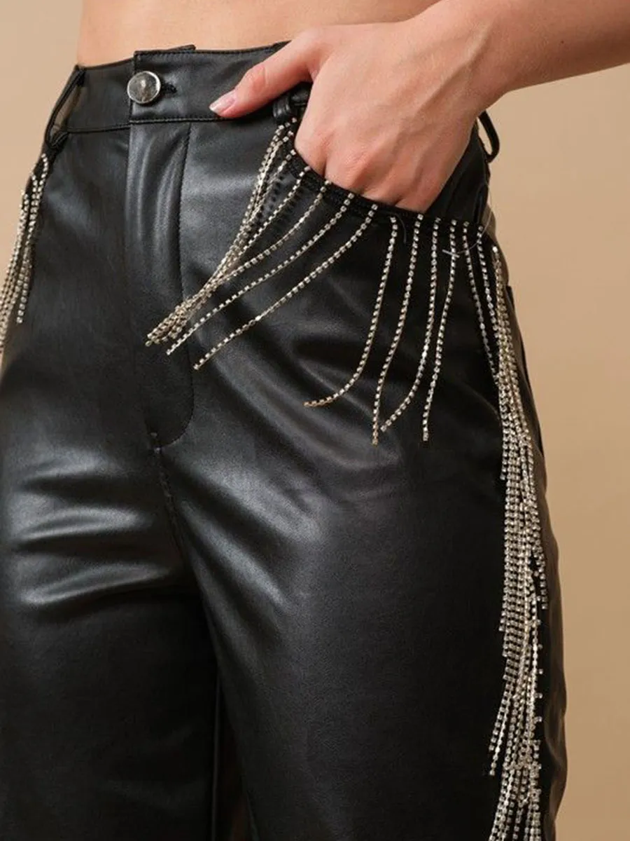 Rhinestone Fringe Leather Pants