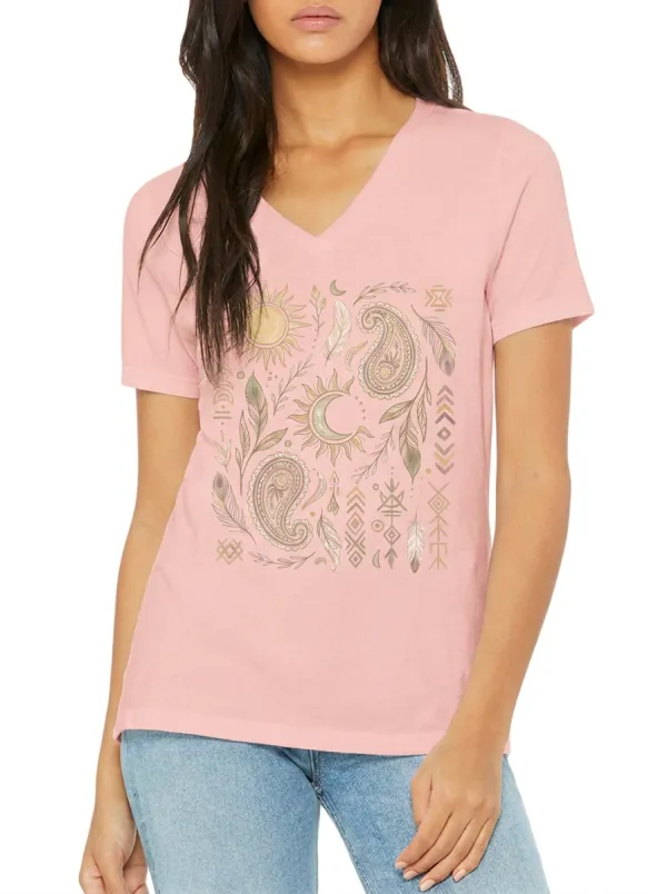Women's Boho Celestial Paisley Feather Printed V-Neck T-Shirt