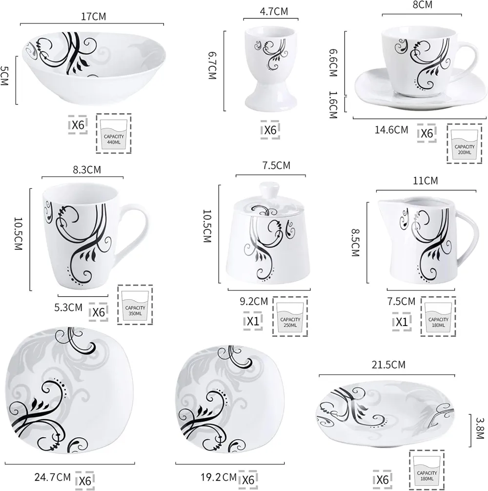 VEWEET, Series Fiona, 100-Piece Plates and Bowls Sets for 12, Including Porcelain Dishes Sets, Bowls, Mugs, Egg Cups, Cup and Saucer Set, Milk Jug and Sugar Pot Set, Microwave and Dishwasher Safe