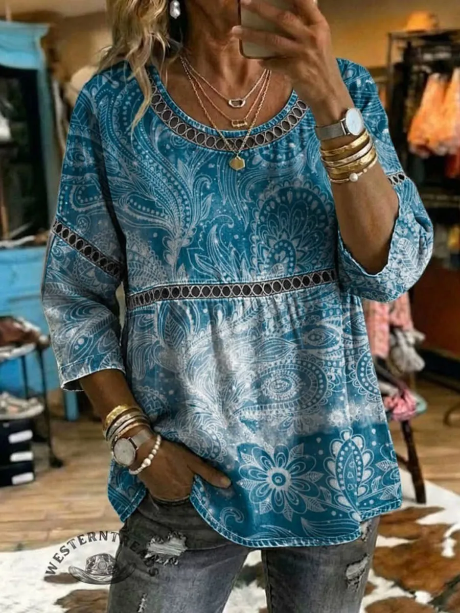 Women's Paisley Print Casual Hollow Denim Shirt
