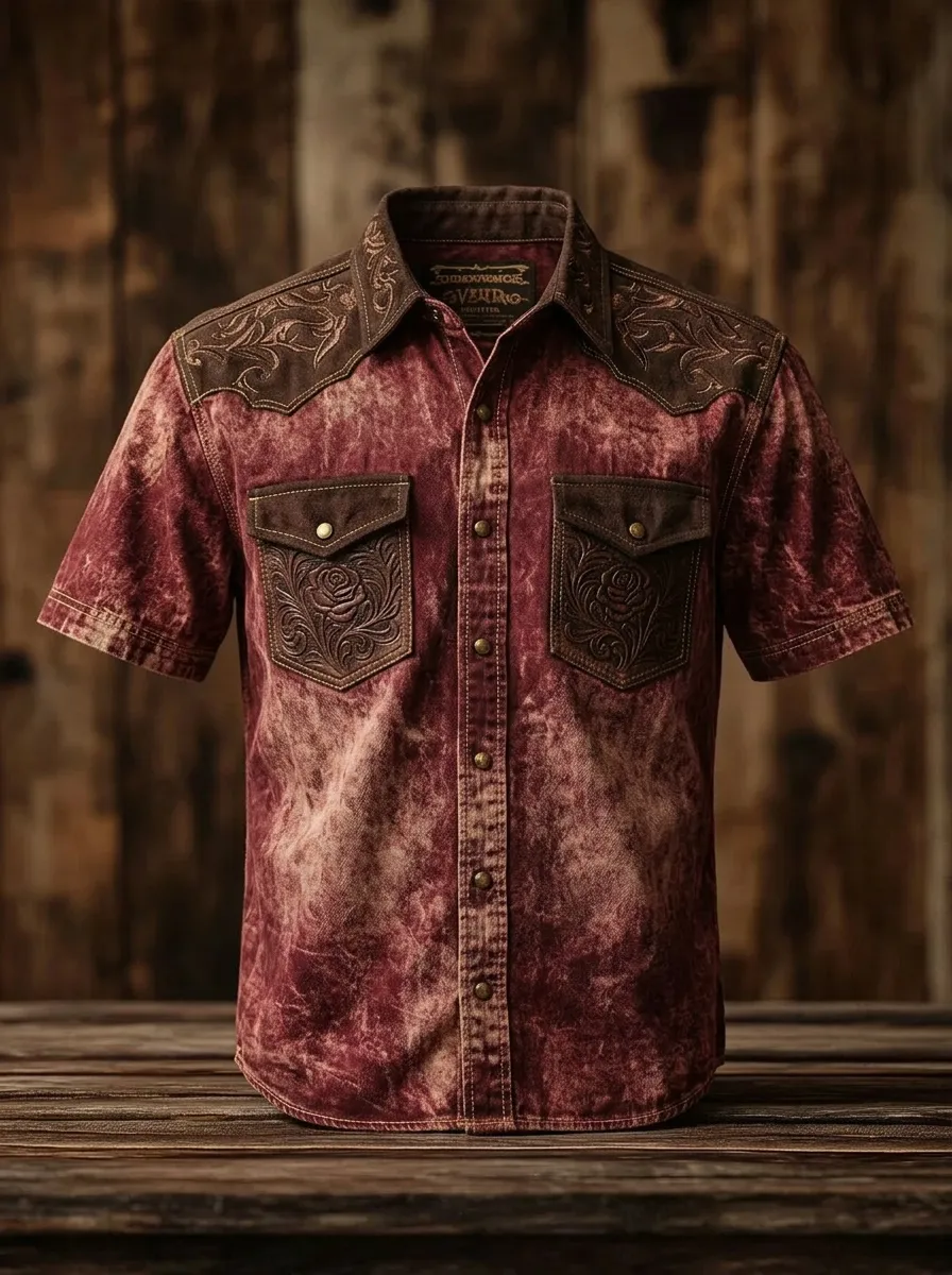 Men's Western Cowboy Rose Floral Embossed Printed Shirt