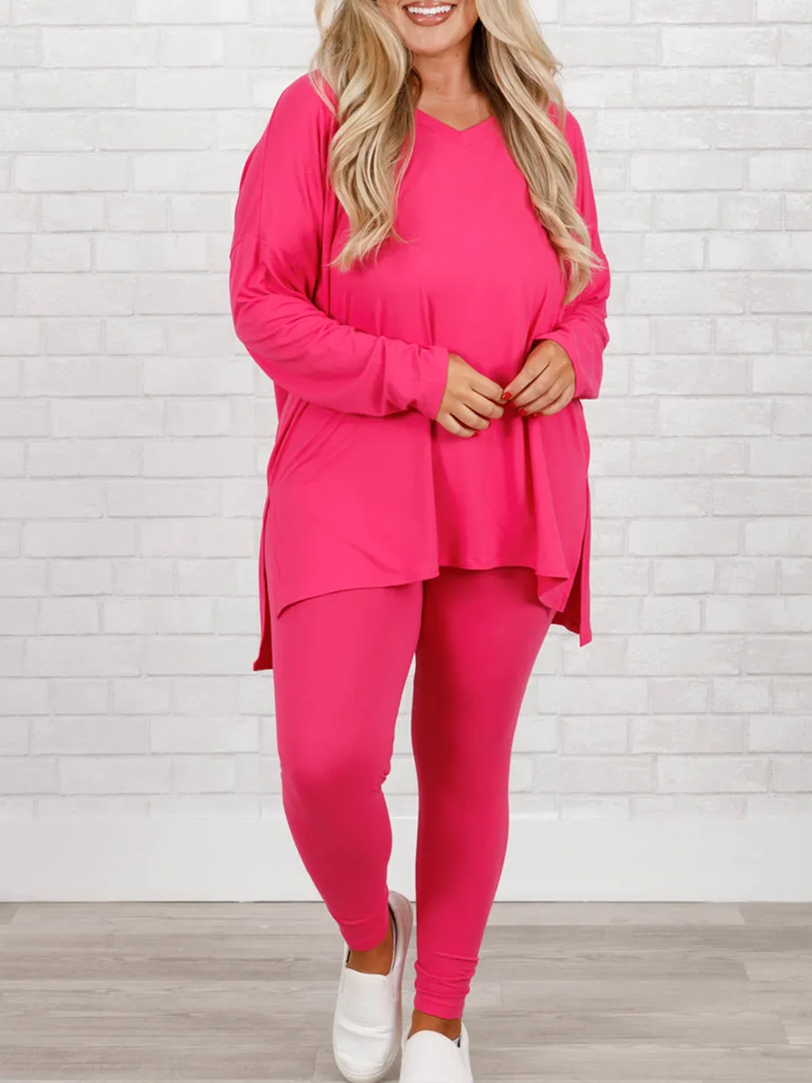 Rose red slit T-shirt leggings set