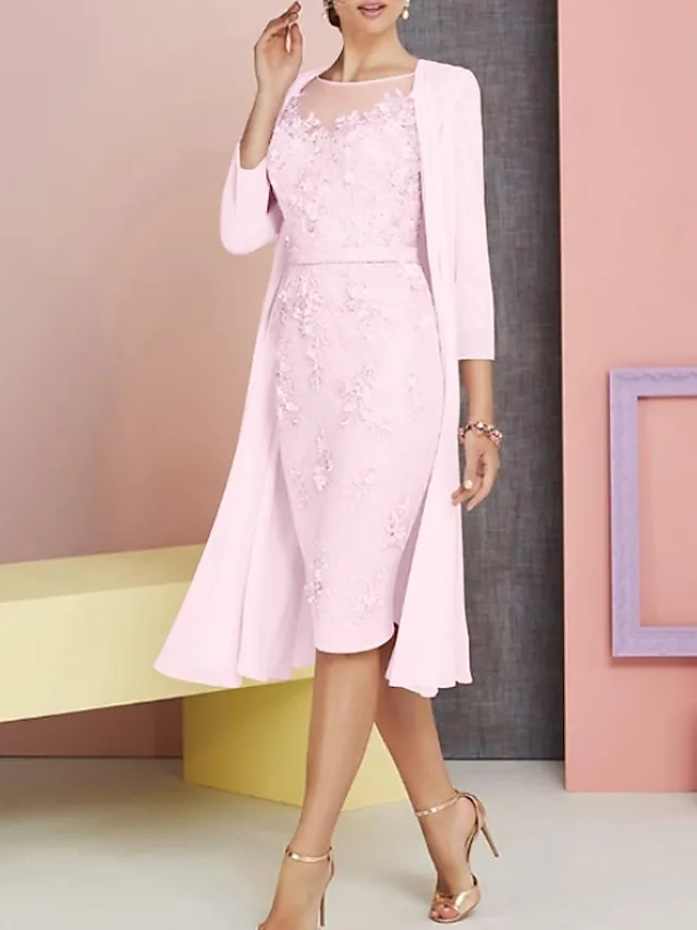 Two Piece Sheath Mother of the Bride Dress Pink Wedding Guest Church Elegant Vintage Plus Size Bateau Neck Knee Length Chiffon Lace 3/4 Length Sleeve Jacket Dresses with Appliques 2024