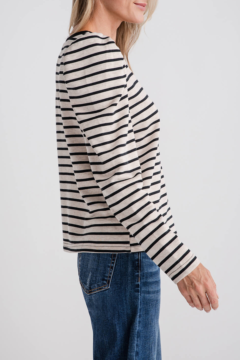 AnnieWear Stripe Puff Sleeve FrenchTerry Top - black/oatmeal