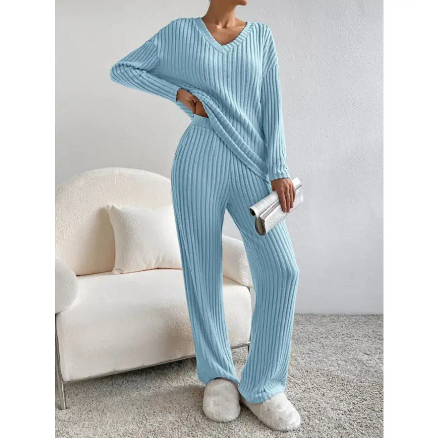 Ribbed Knit Long Sleeve Top and Pants Set