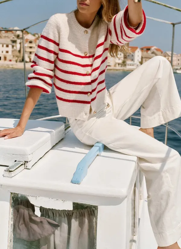 Casual Style Red Wool Blend Stripe Knit Cardigan