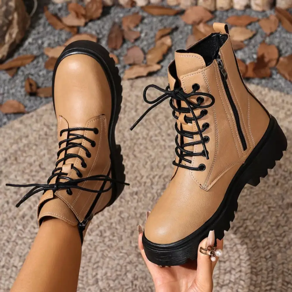 Textured Lace-Up Ankle Combat Boots