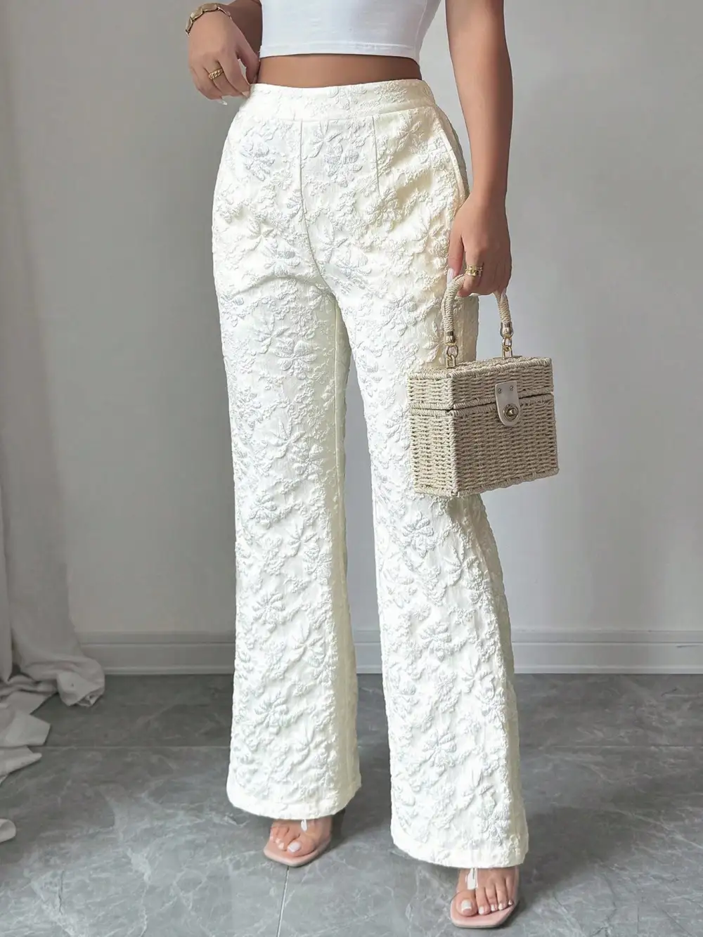 Textured High Waist Wide Leg Pants
