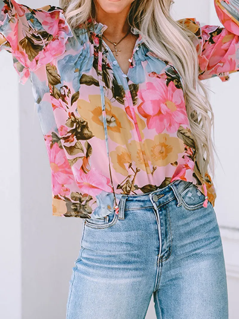 FLORAL PLEATED V NECK SHIFT CASUAL ELEGANT BLOUSE