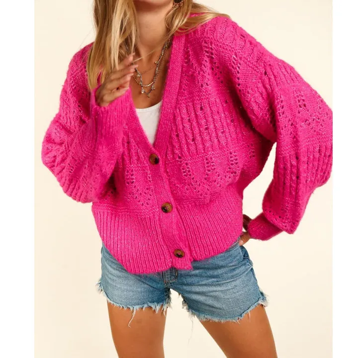 Full Size Button Down Crop Long Sleeve Cardigan