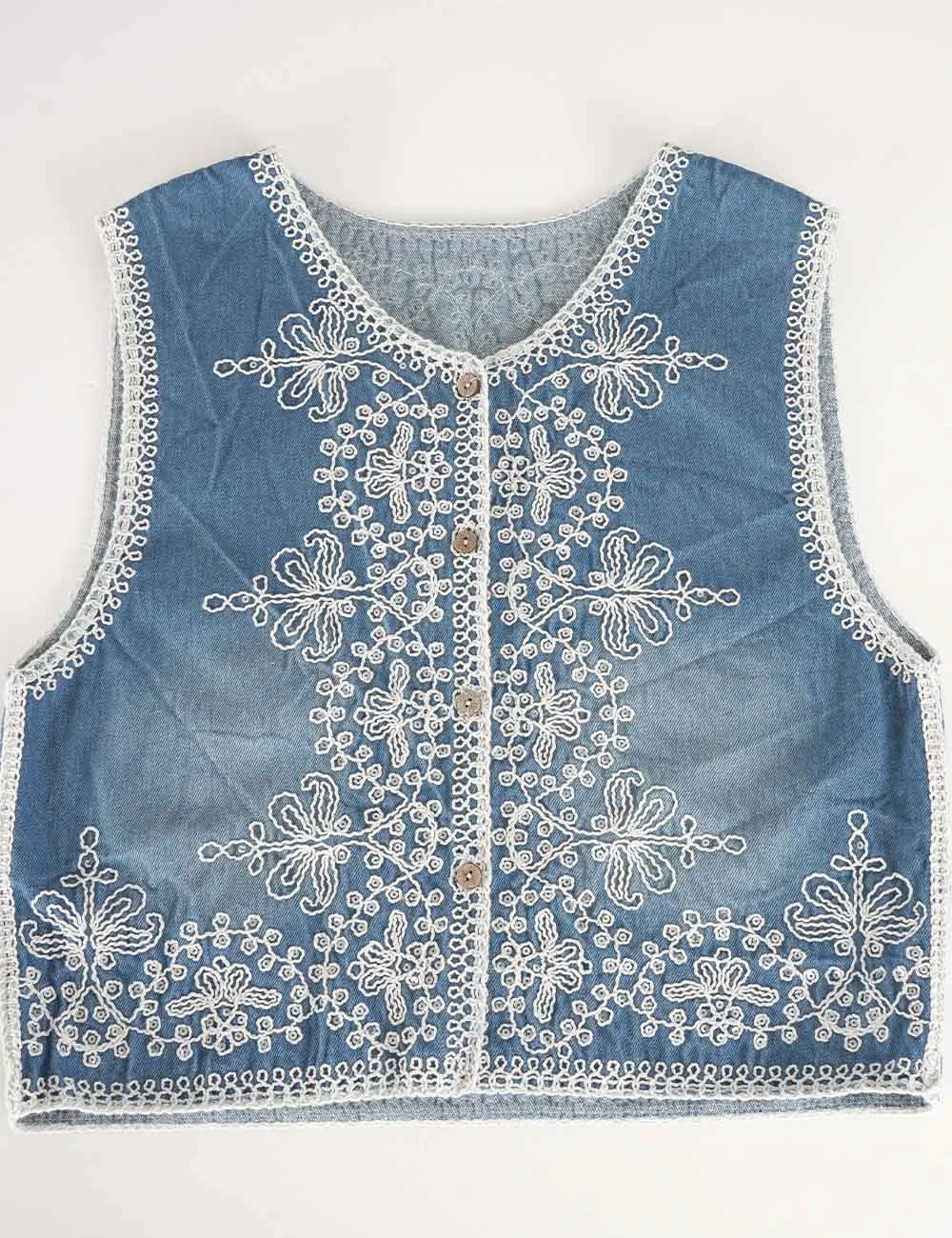 Rhinestone Embroidery Button Front Denim Vest