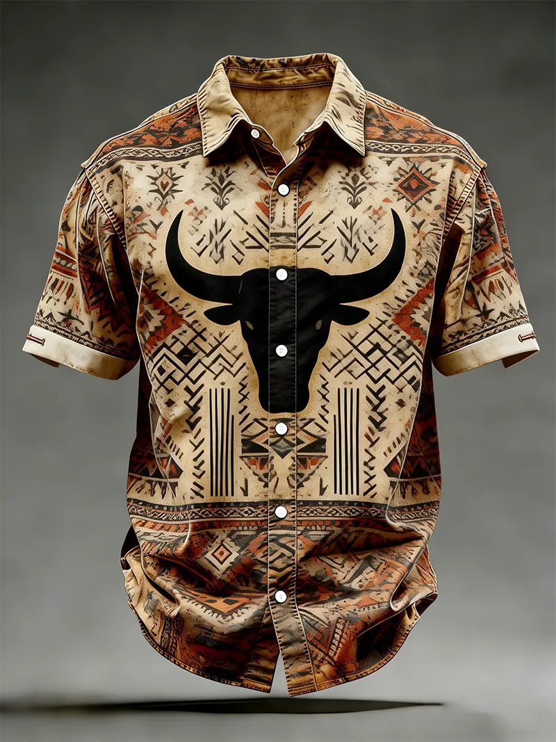 Men's Western Bull Skull & Aztec Geometric Print Short Sleeve Shirt