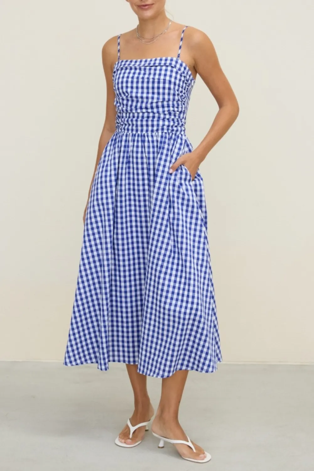 Strapless Gathered Gingham Midi Dress