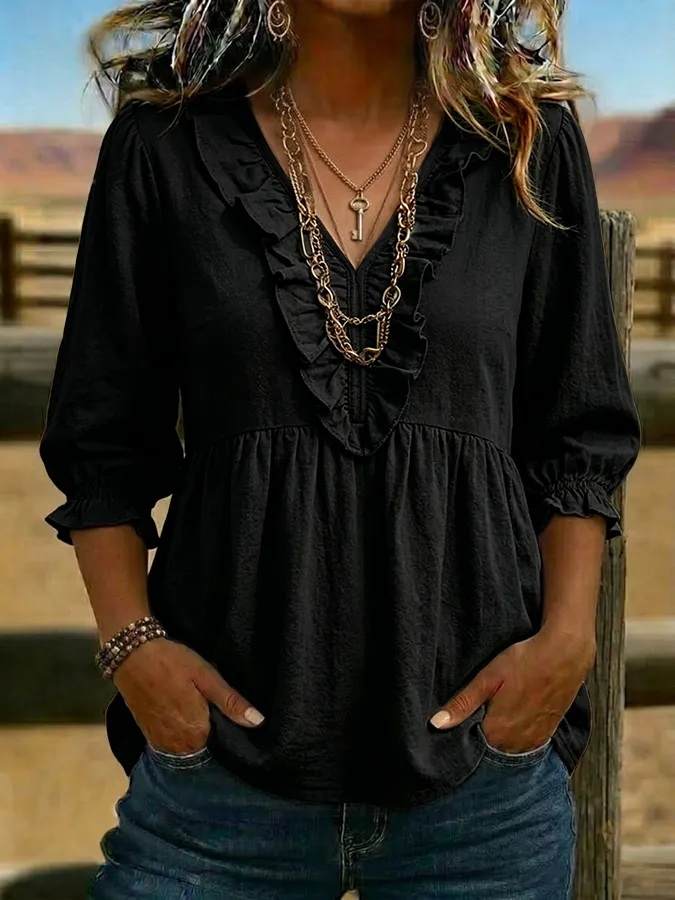 Women's Vintage Ruffled Casual Shirt