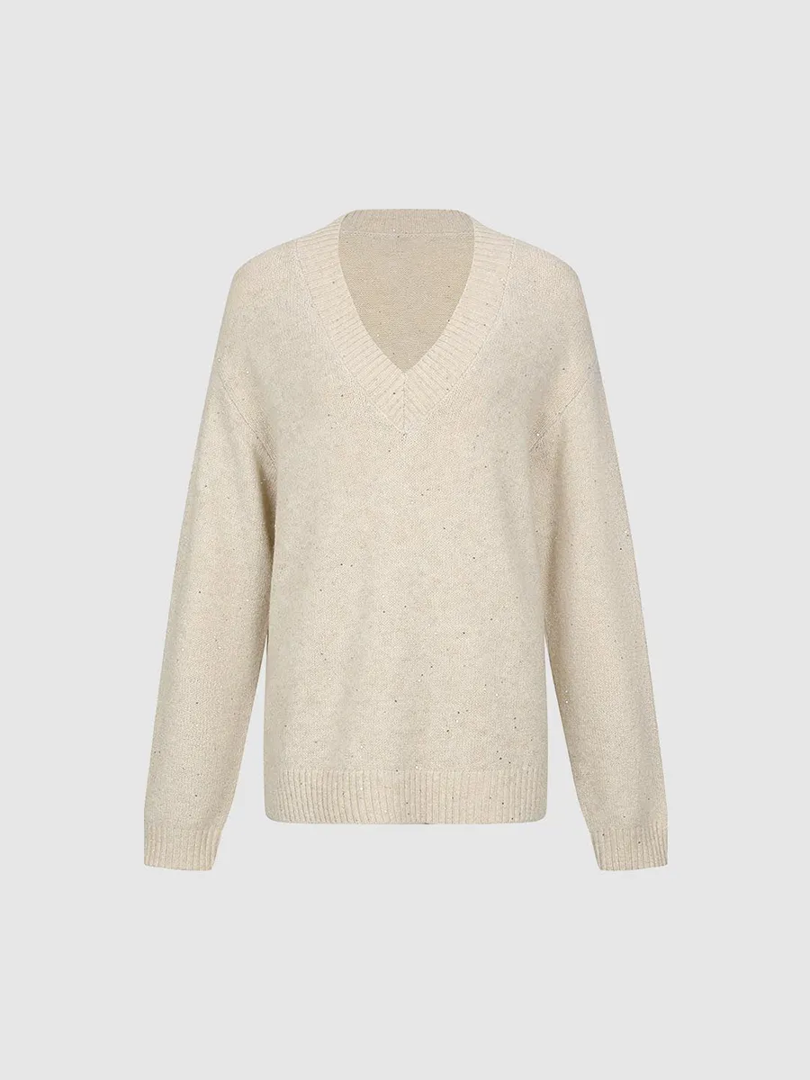 A White V-Neck Casual Sweater For Ladies