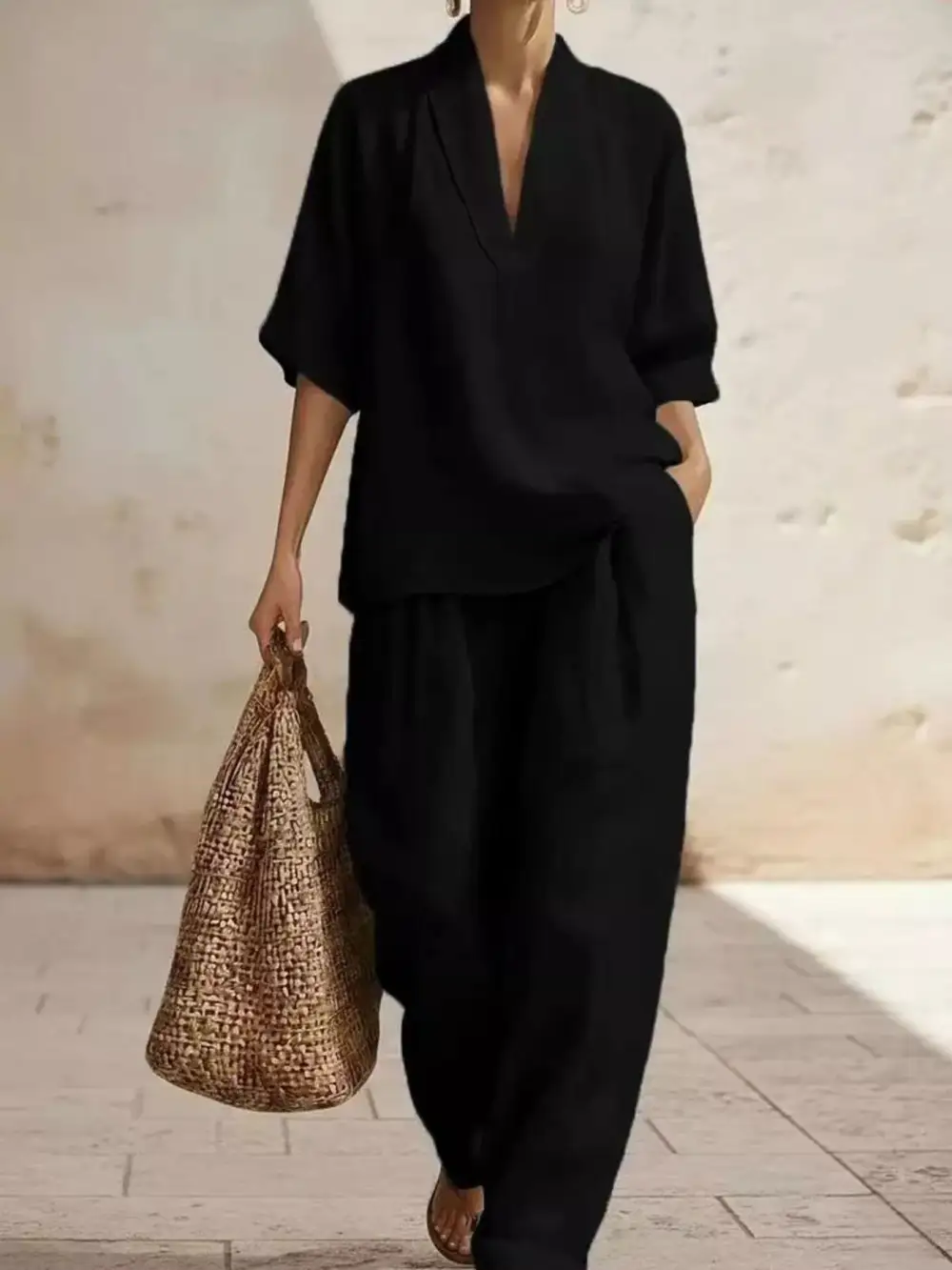 Relaxed Half Sleeve Top and Wide Leg Pants Set