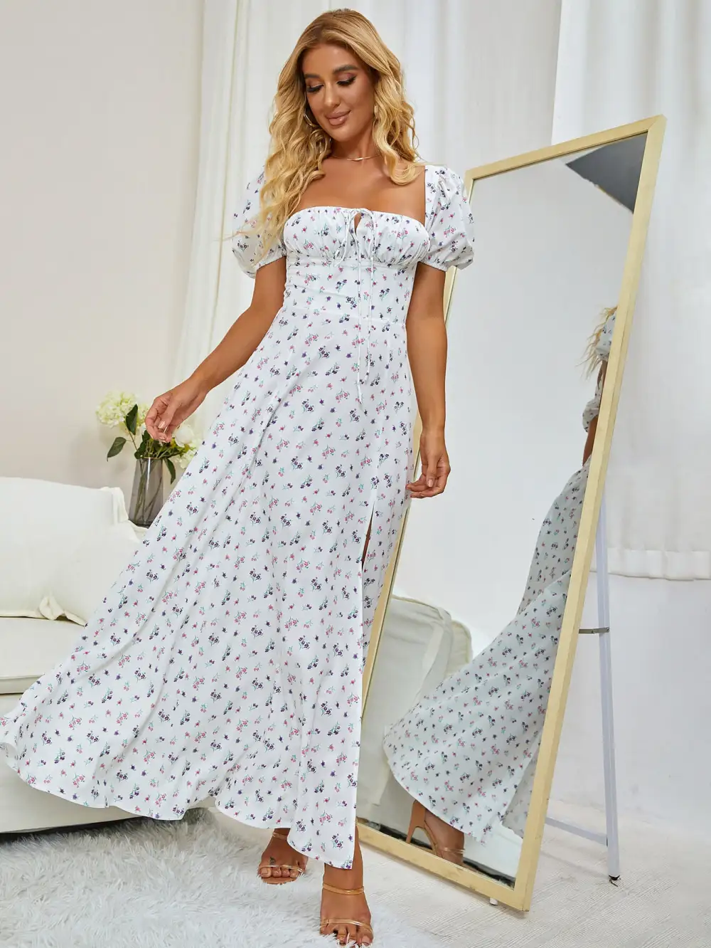 Puff Sleeve High Split Floral Print Dress