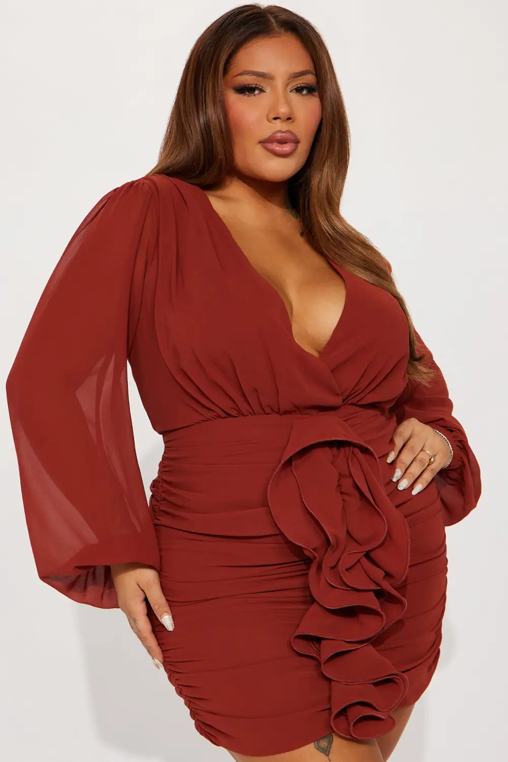 About The Business Ruched Mini Dress - Cognac
