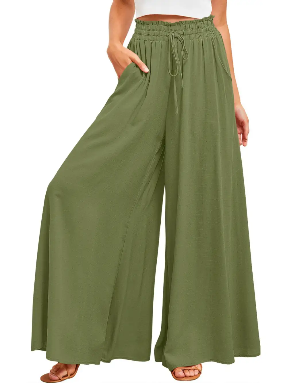 Textured Wide Leg Pants With Pocket