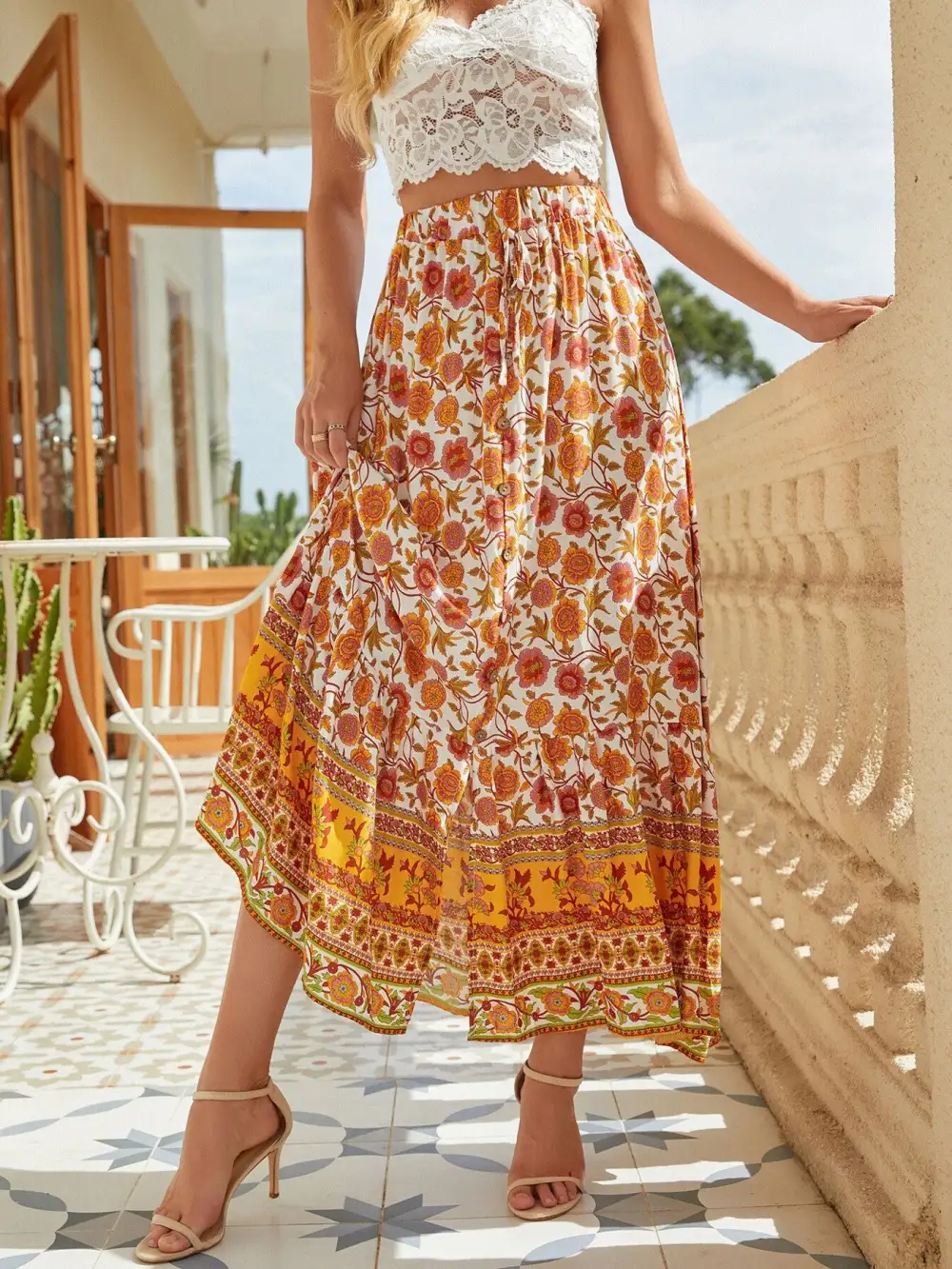 Floral Side Slit Skirt
