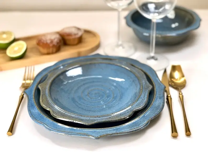 Blue dinnerware set.