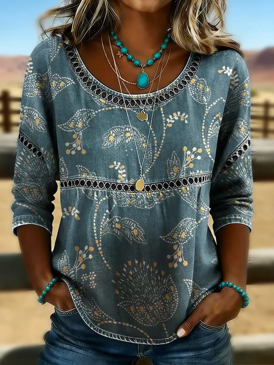 Women's Vintage Western Art Print Casual Top