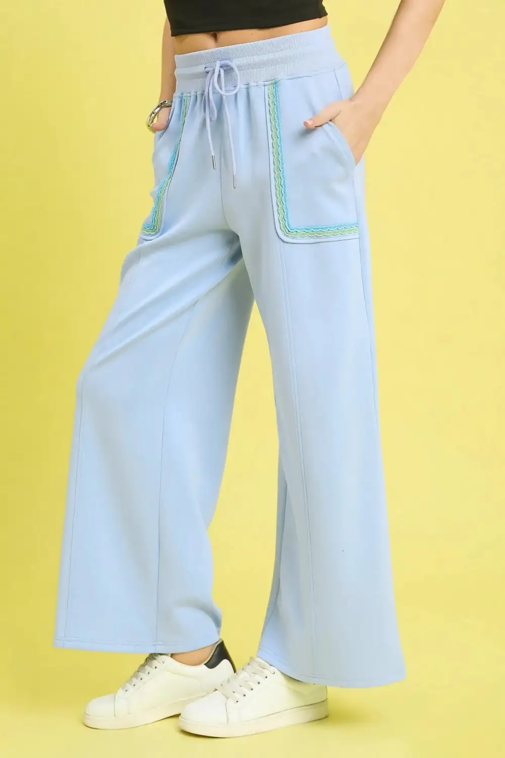 Drawstring Wide Leg Pants With Scallop Trim Detail