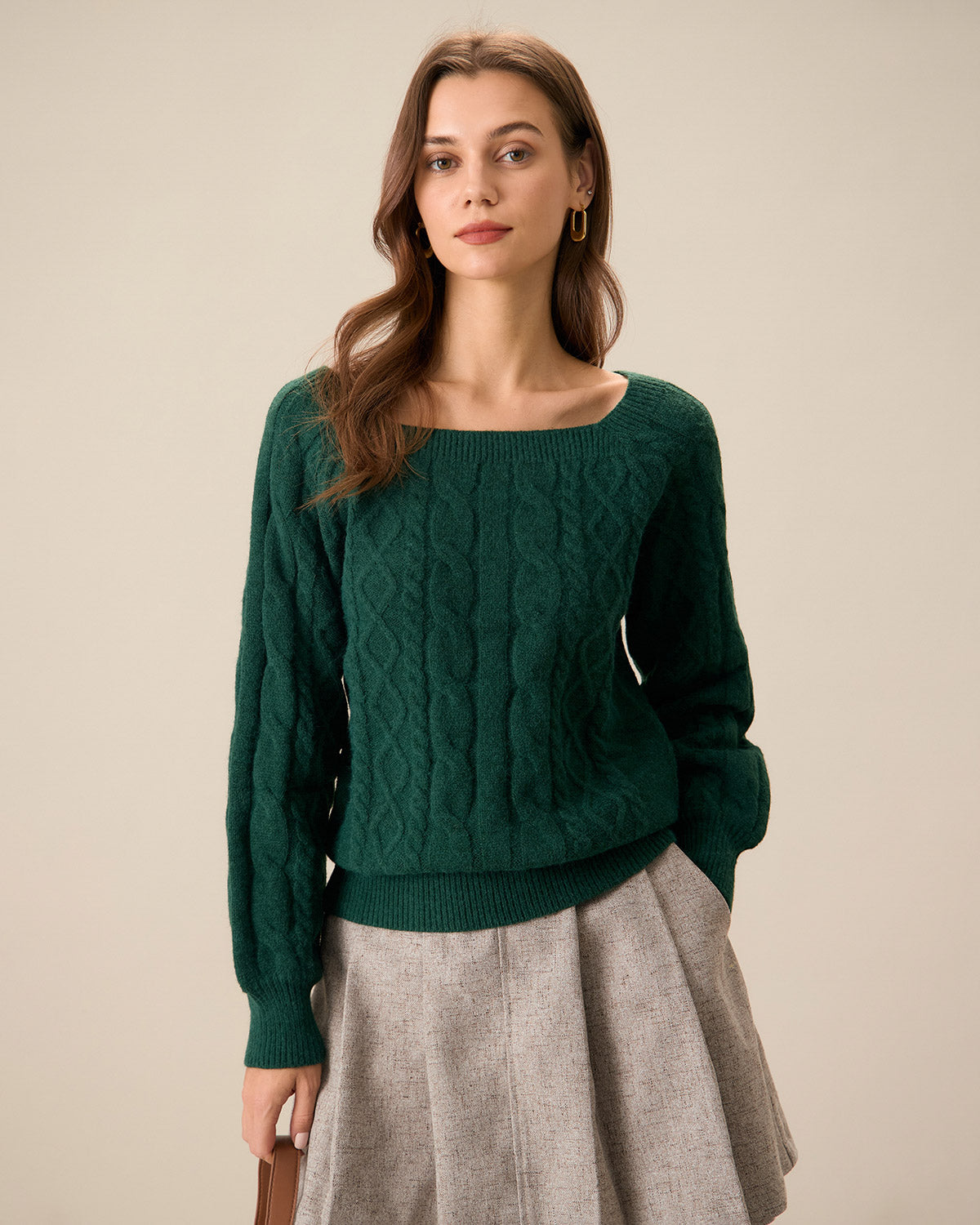 Green Romance Cable Knit Crew Sweater