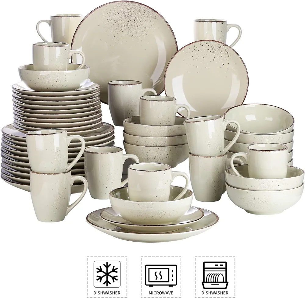 vancasso Navia Ceramic Dinnerware Set, 48 pieces Set of 12 Stoneware Spray Spot Patterned Service Dish with Dinner Plates, Salad Plates, Bowls, Mugs - Grey