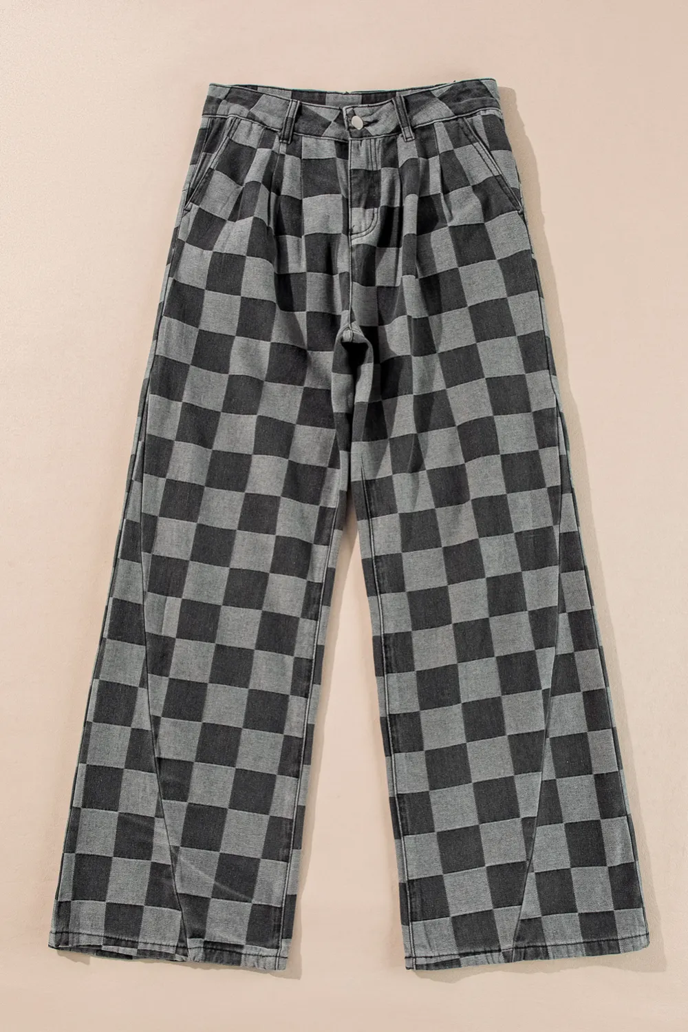 Dark Grey Checkered Denim Wide Leg Jeans