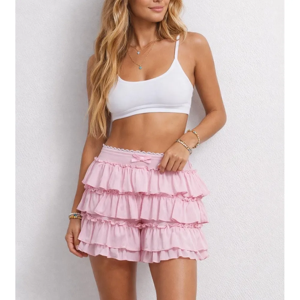Bow Elastic Waist Lace Trim Tiered Ruffle Mini Shorts