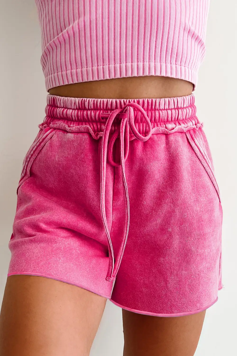 Relaxed Mineral Washed Drawstring Elastic Waist Raw Cut Shorts