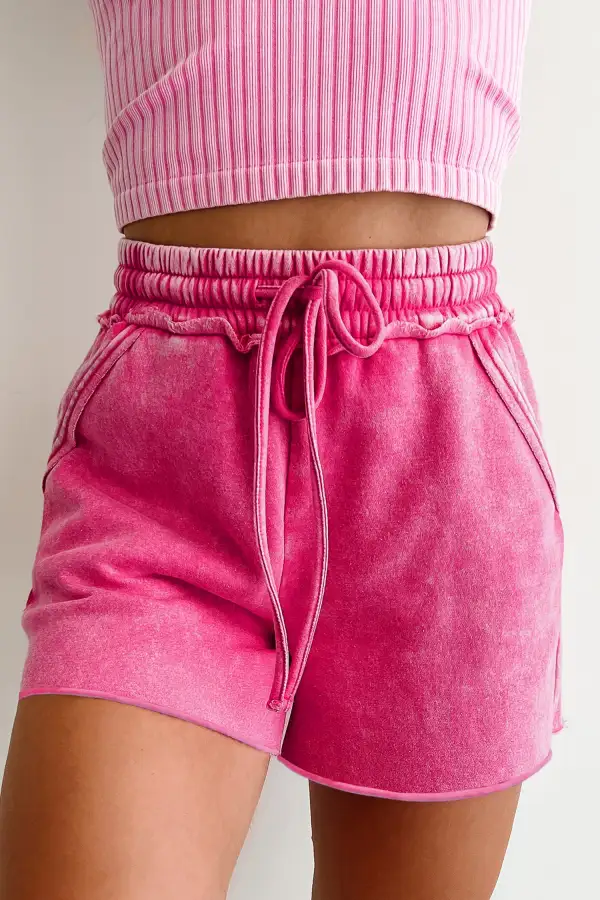 Relaxed Mineral Washed Drawstring Elastic Waist Raw Cut Shorts