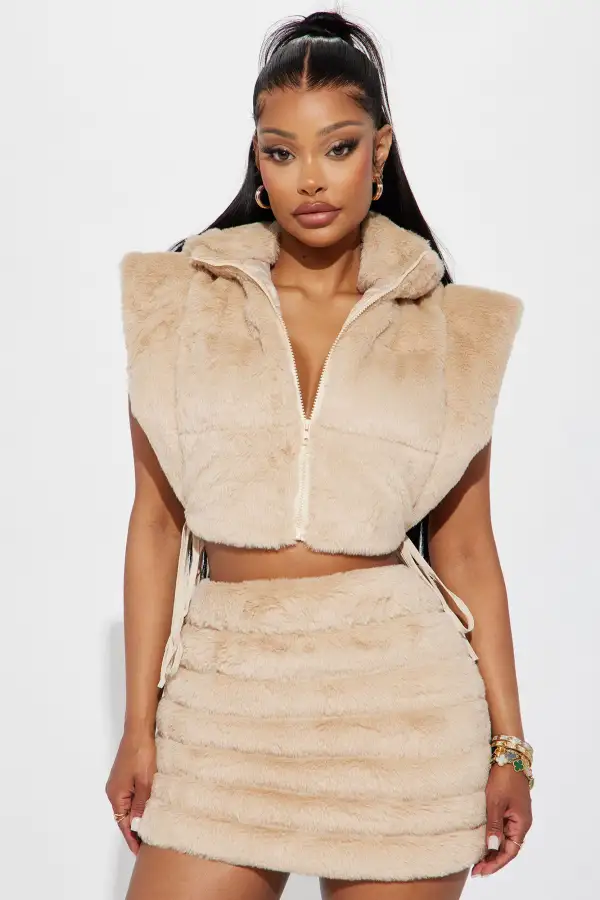Everything I Want Faux Fur Skirt Set - Taupe