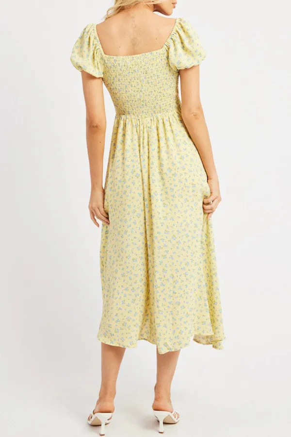 Yellow Ditsy Midi Dress Puff Sleeve