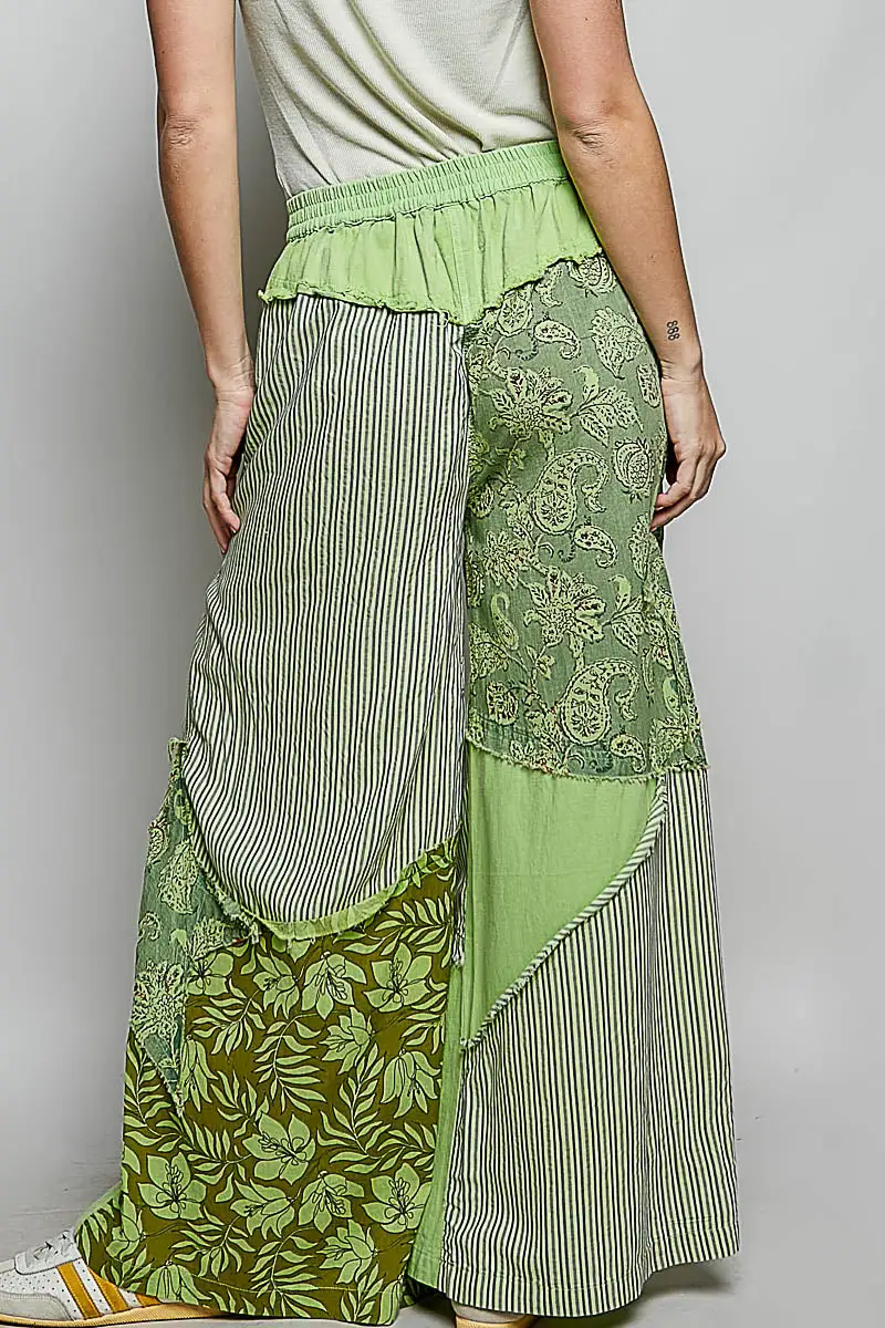 Everyday Striped Floral Patchwork Wide Leg Pants with Side Big Star Patch