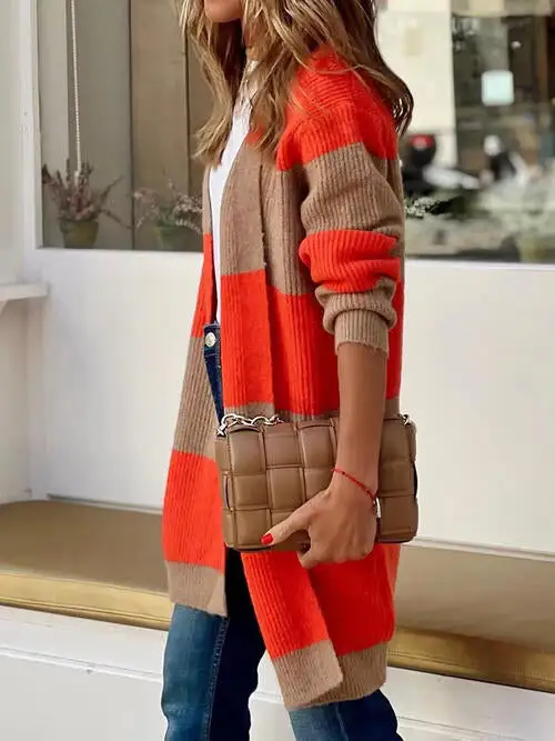 Contrast Open-Front Long-Sleeve Cardigan