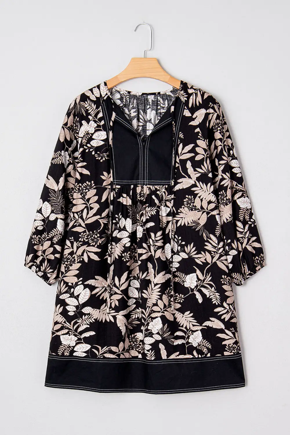 Sleeve Botanical Print Split Neck Loose Mini Dress