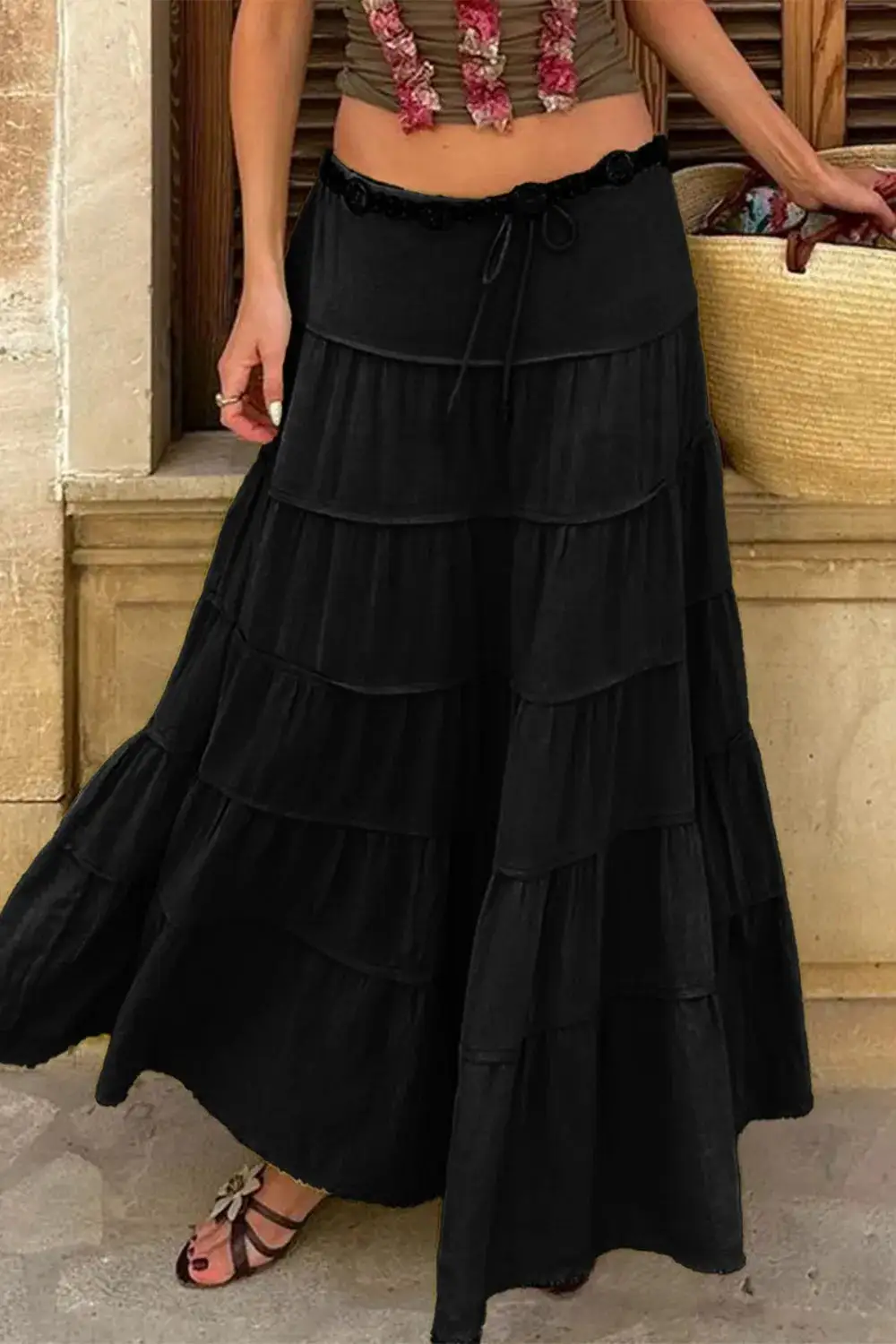Everyday Tiered Drawstring Maxi Skirt