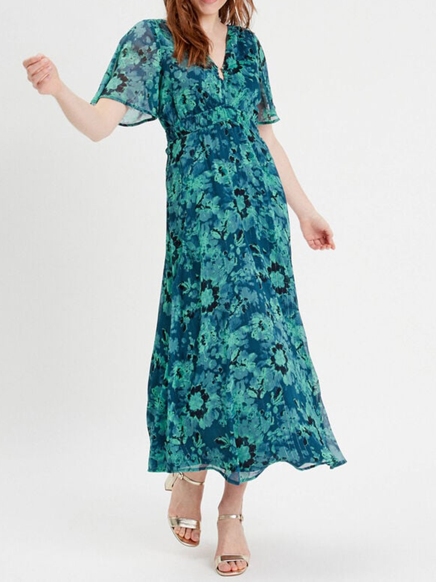 Robe longue évasée bleu femme