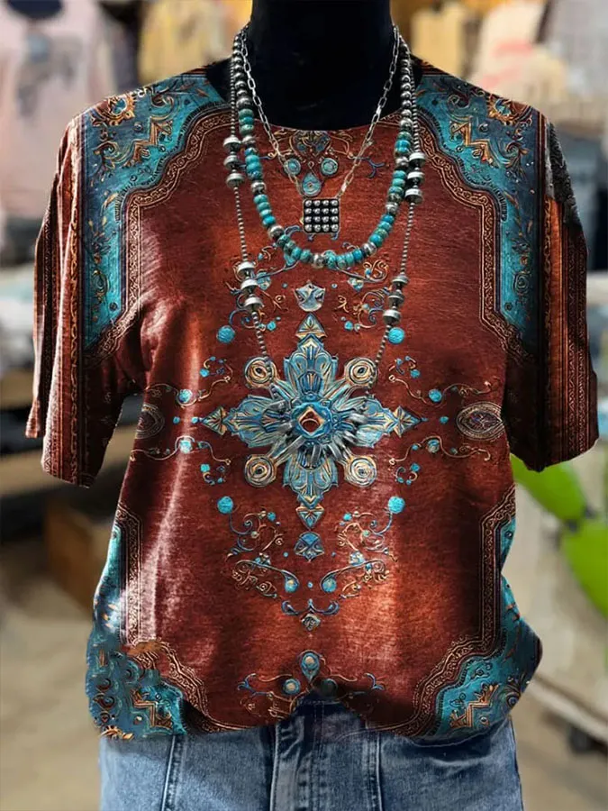 Women'S Retro Ethnic Western Printed Round Neck T-Shirt
