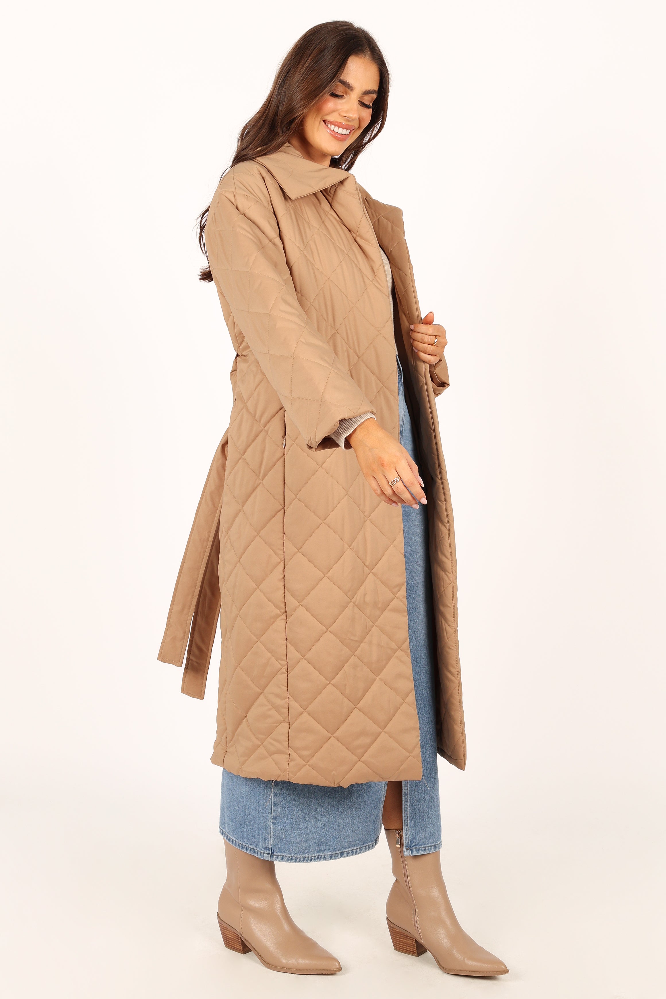 Kallie Quilted Tie Front Coat - Camel